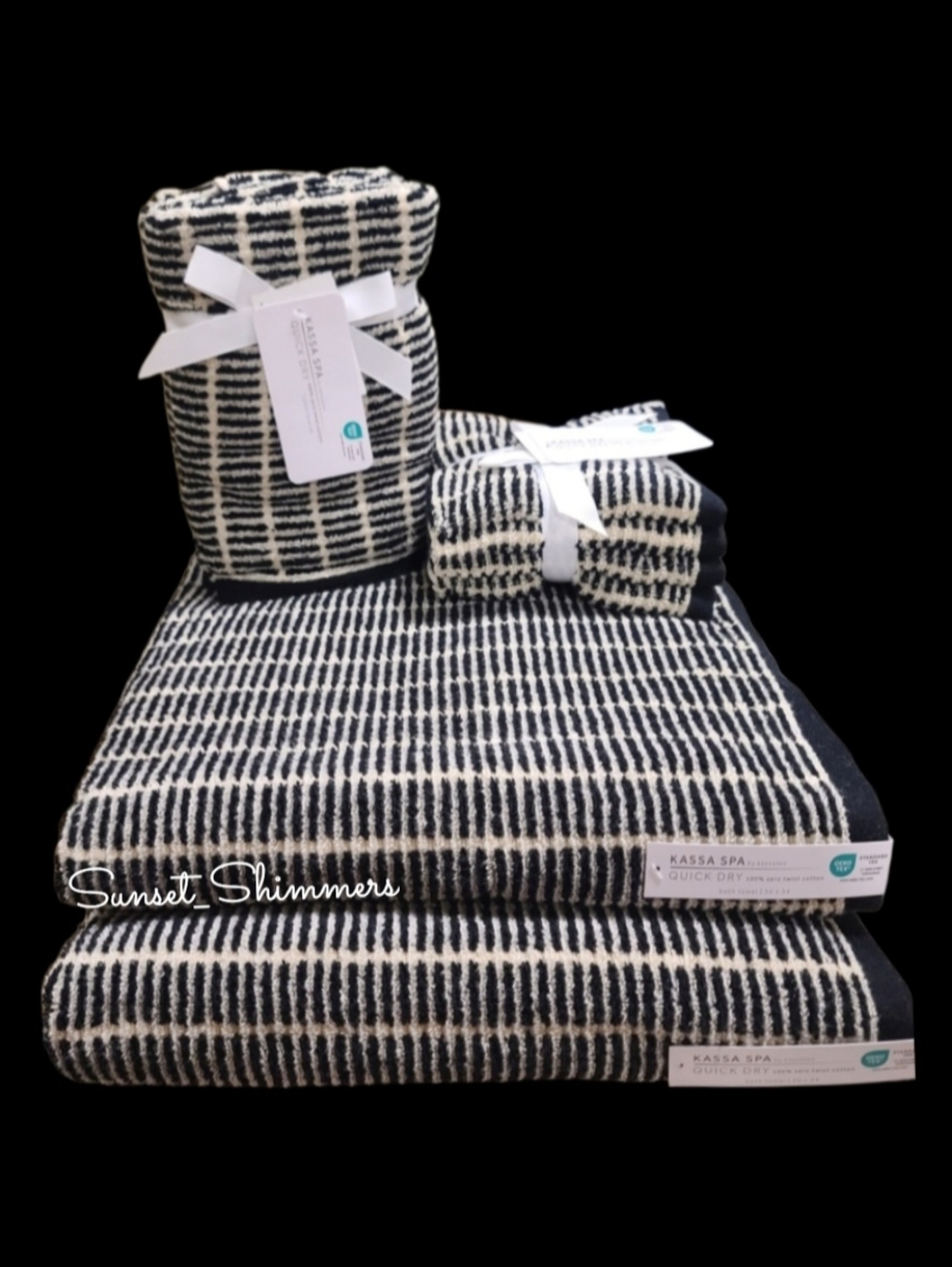 8pc Kassa Spa Tan & Black Stripe Bath Hand Washcloth Towel Set Zero Twist Cotton